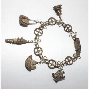 Chinese Export Antique Filigree Silver tone Charm Bracelet